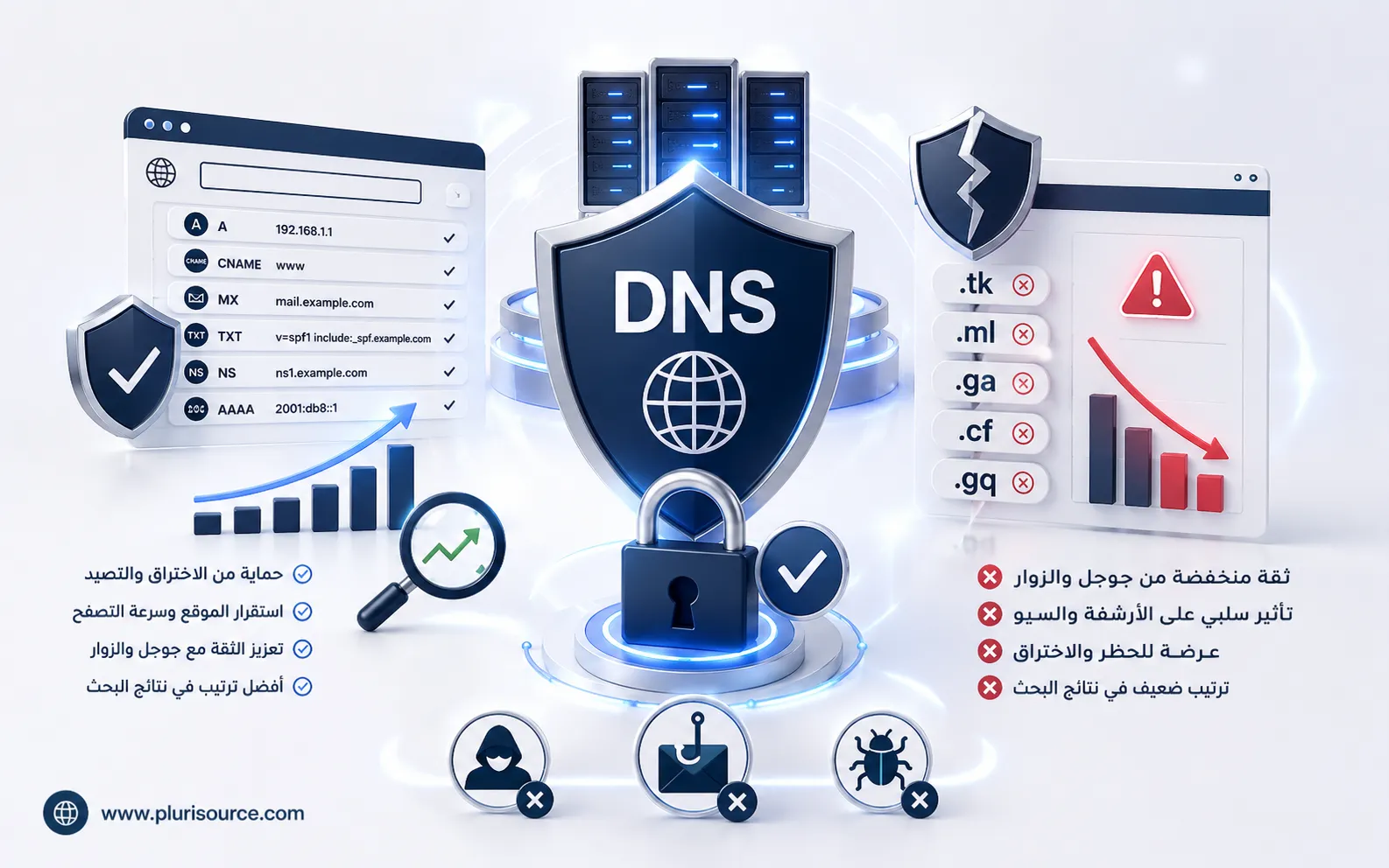 صورة تعبر عن كل ما يخص DNS والامتدادات المستبعدة
